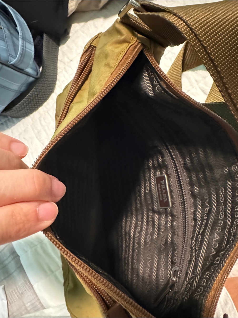 Prada Olive-Toned Nylon Messenger Bag with Brown Trim - Picture 3 of 7